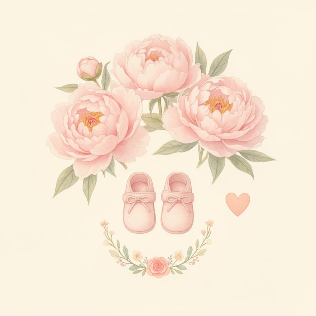 Ilustrasi lembut bunga peoni dan sepatu bayi